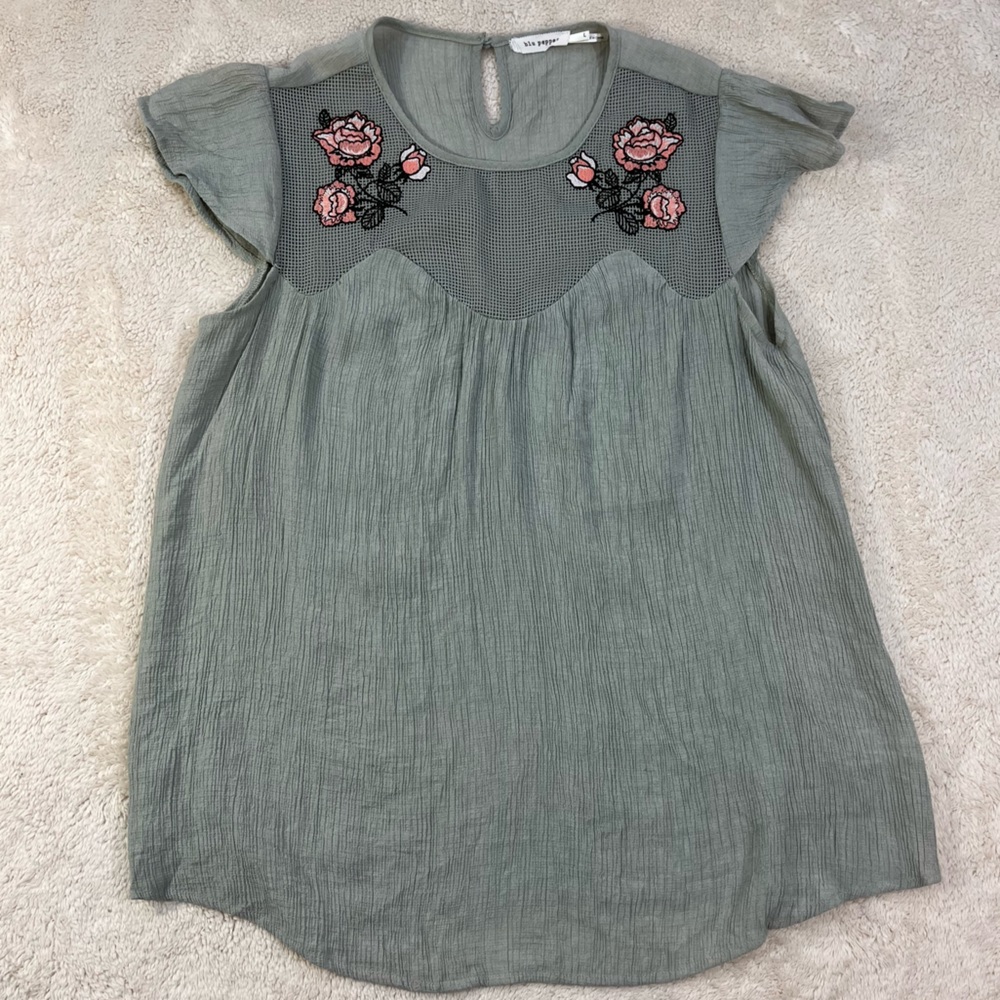 Blu Pepper Sage Green Gauzy Tunic Coastal Grandma Embroidered Flowers Size Large